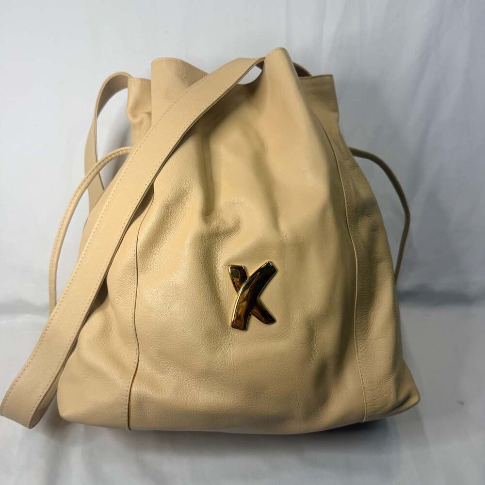 Vintage Paloma Picasso Tan Beige Leather Bucket Bag Shoulder Bag w/ Gold X Logo